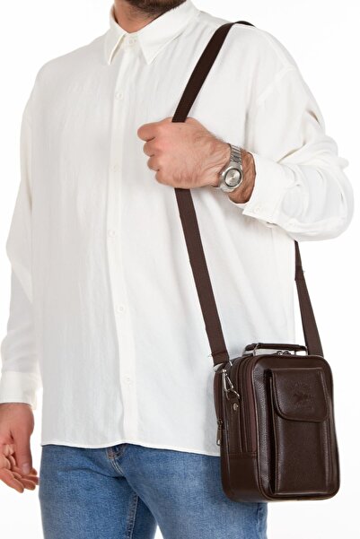 Newish Adelina Чоловіча темно-коричнева шкіряна сумка з металевим каркасом, відділенням для телефону, ручкою та ременем через плече