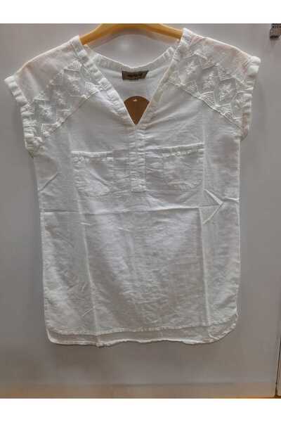 NUR TEKSTİL Kadın Beyaz %100 Pamuk Şile Bezi  tül ve dantel detaylı  kolsuz bluz