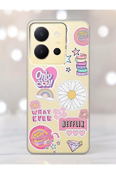 Spoyi Vivo Y36 Pink Sticker Tasarımlı Şeffaf Telefon Kılıfı