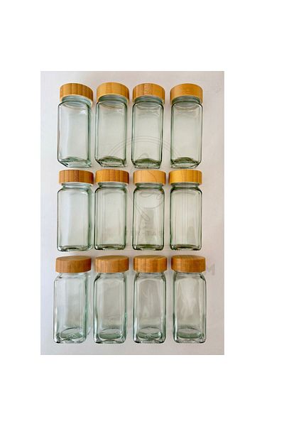 yeninesilevim 12-Piece 120 Cc ml Glass Jar with Bamboo Wooden Lid and Spice Rack with Poured Head (Gift of 16 Labels)