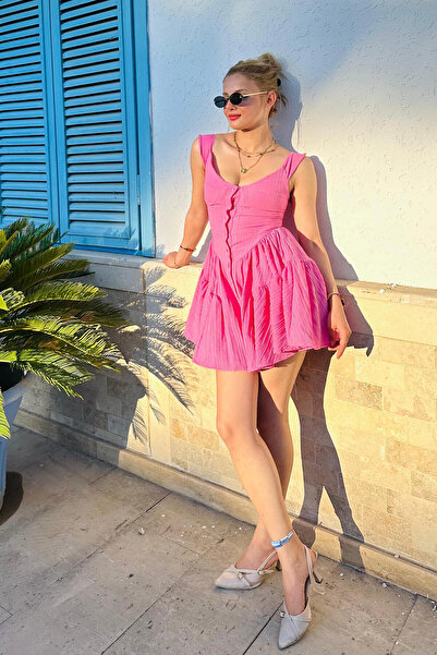 HARMONY GLOBAL Linen Mini Summer Dress - Round Neck, Thick Straps and Shorts 0176