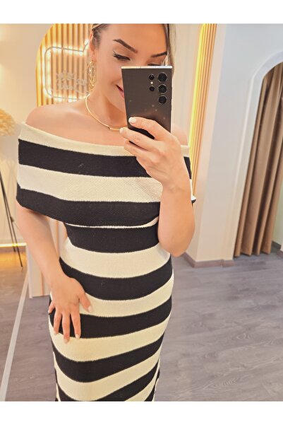 Butik Çizgili Madonna Yaka İnce Triko Elbise