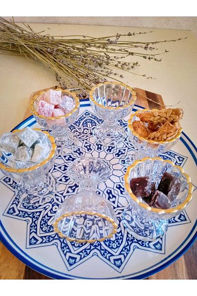 P H Panayır Home 6-Piece Glass Gilt Mini Turkish Delight Bowl Chocolate Bowl Sugar Bowl Dragee Coffee Side Presentation Bowl Dowry Bowl