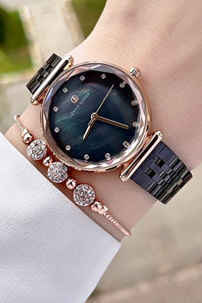 DAVID GUNER Kadranı Sedefli Kordonu Siyah Renk Kadın Kol Saati ve Bileklik