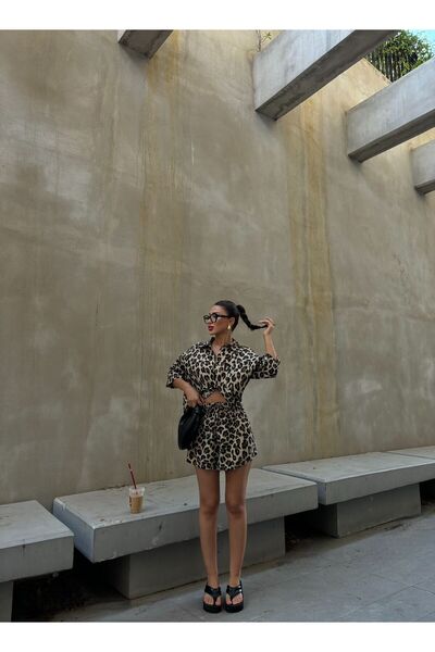 LB Laluna Butik Leopard Patterned Linen Oversize Shirt and Shorts Set - Women