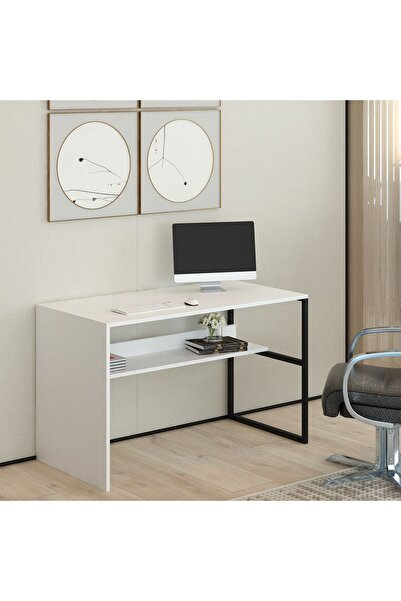 Ninnimo Yalın Çalışma Masası Demir Ayaklı Beyaz Mdf ,raflı Ofis Çalışma Masas...