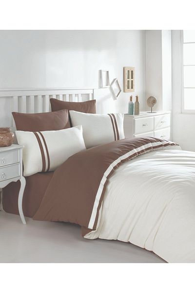 DenizliHomeTex Σετ Παπλωματοθήκη Ecosse Premium 100% Cotton Ranforce Διπλό Μπαλάκι-κρεμ-καφέ (6 τεμάχια)