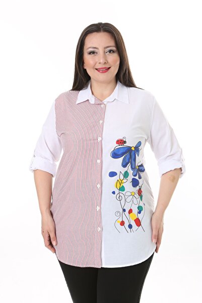 XL Modam WOMEN'S LARGE SIZE BURGUNDY STRIPED FLOWER PATTERNED SHIRT