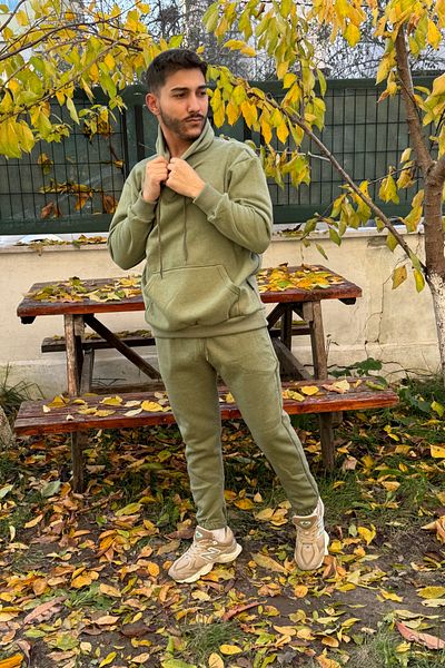BayBayan Ανδρική φόρμα Khaki Melange - 3 νήματα, κουκούλα, βαμβακερή επένδυση