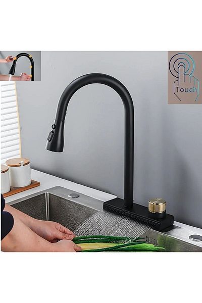 OEM New Design Black Silicone Smart Touch Kitchen Sink Faucet with Fountain