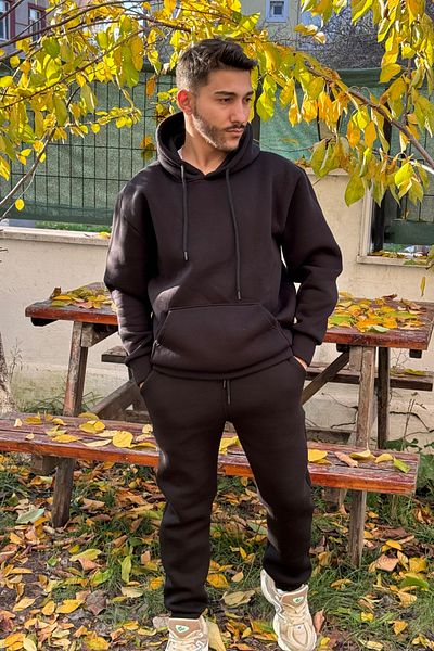 BayBayan Ανδρικό μαύρο σετ φόρμας με κουκούλα 3 κλωστών με βαμβακερή επένδυση