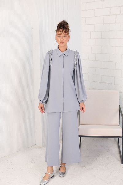 Melike Tatar 62-5068 Model Gray Shoulder Jewelled Set