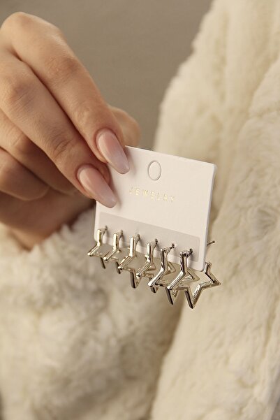 takıtarzım Kadın silver 3 farklı boy yıldız küpe seti