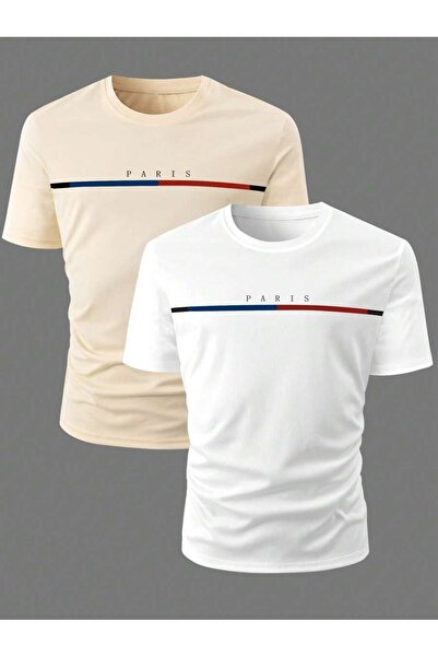 DESCARTES تي شيرت مطبوع عليه شريط باريس كبير الحجم باللون البيج والأبيض للرجا...