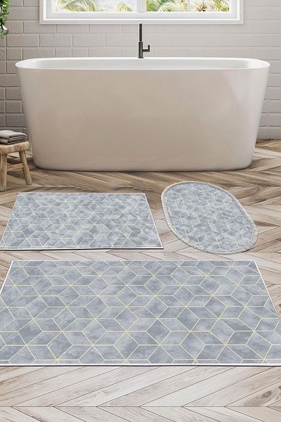 Dekoreko Set covoraș de baie cu bază anti-alunecare Djt 3 piese din piele stea mixt oval modern 627 m albastru