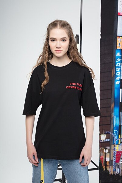 FECCY Tricou Oversize Tiger pentru femei, negru