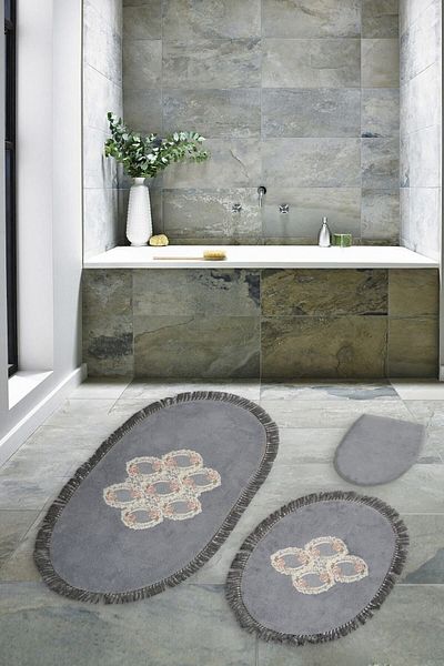Alanur Home Acacia Fringed Welsoft Lace 3-Piece Bathroom Toilet Set Gray