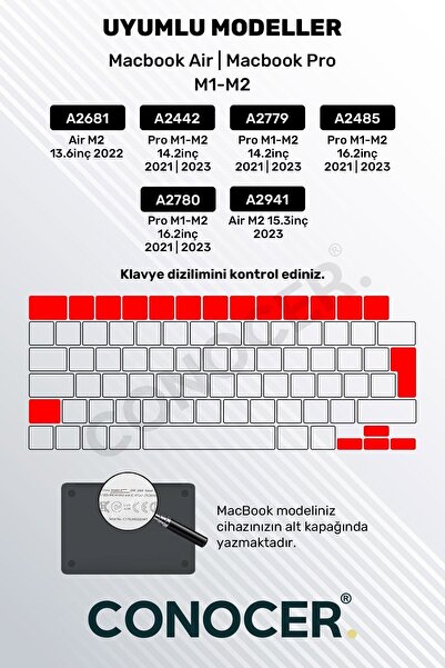 CONOCER Macbook Air 2022 13.6 Inc M2 A2681 Uyumlu Türkçe Q Klavye Slim Klavye Koruyucu