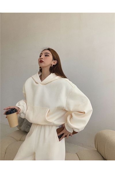 BayBayan Γυναικείο σετ φόρμας Oversize Cream - 3 κλωστές, βαμβακερό, τσέπες καγκουρό και ελαστικό πόδι