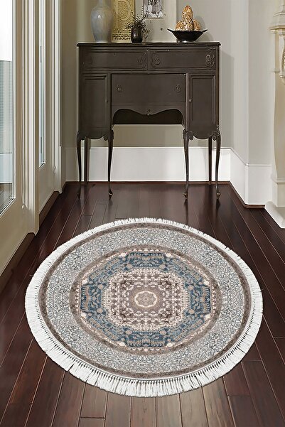 Alanur Home Kahverengi Ipek Dijital Saçaklı Yuvarlak 2051 Desen 1 Halı