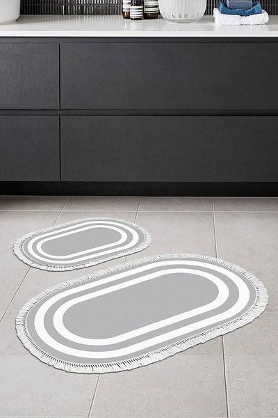 Alanur Home Eko Trend Djt 2 Pack Πλενόμενη Βάση Οβάλ Χαλάκι Μπάνιου 2229m Γκρι Λευκό με Περίγραμμα (60 X 100 - 50 X 60)