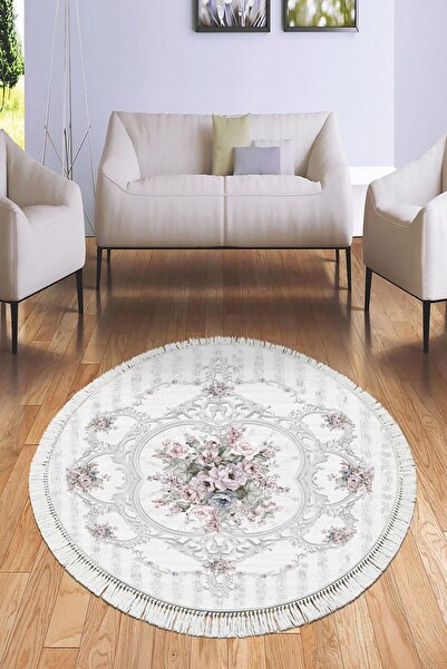 Alanur Home Dekoreko Inci Halı Dijital Saçaklı Yuvarlak 2020 Desen 1