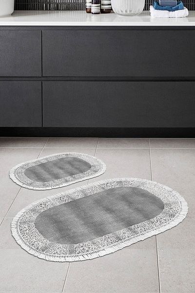 Alanur Home Eko Trend Djt - Πακέτο 2 πλενόμενων αντιολισθητικών οβάλ πατάκι μπάνιου 1460, μοντέρνο γκρι (50x80/40x50)