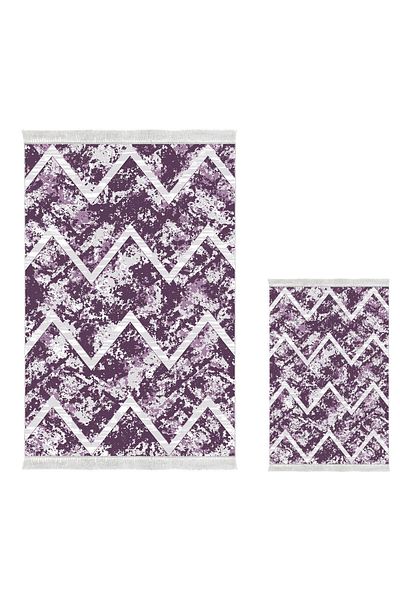 Dekoreko Non-Slip Base Djt 3-Piece Bathroom Mat Set Star Leather Mixed Oval Scandinavian F5128 Purple