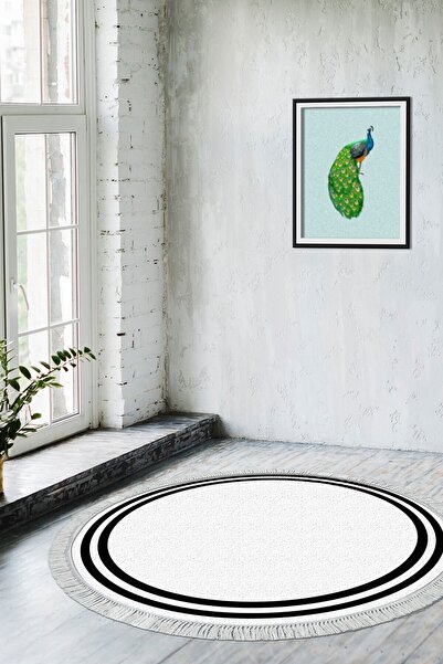 Alanur Home Eko Trend Dijital Yıkanabilir Kaymaz Taban 1696 Yuvarlak Salon Halısı Bordürlü Beyaz Siyah