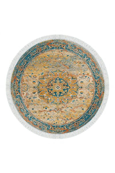 Alanur Home Eko Trend Dijital Kaymaz Taban Salon Halısı P1356 Yuvarlak Vintage Turkuaz