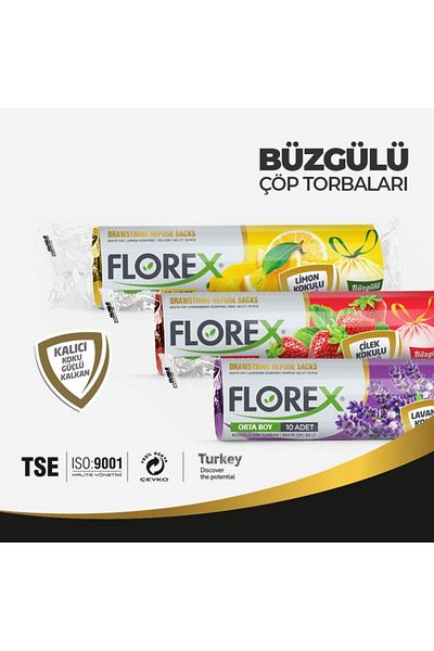 Akalın Professional Cleaning Products Florex 55x60 Cm Lavender-Strawberry-Lemon Scented Drawstring Garbage Bag - 3' Eco Pack