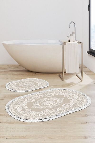 Alanur Home Eko Trend Djt 2 Pack Πλενόμενη αντιολισθητική βάση Οβάλ Χαλάκι μπάνιου 747 Classic Beige (50 X 80 - 40 X 50)