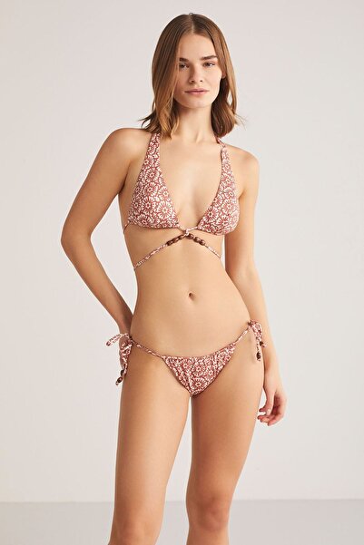 Kom Desenli Çıkarılabilir İnce Kaplı Boncuklu Perla Üçgen Bikini