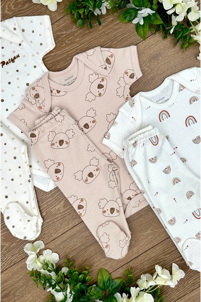 PATSAN 6 Parça Pamuklu Bebek Alt Üst Takımı (3 Çıtçıtlı Body + 3 Patikli Alt) Gökkuşağı Koala Puan