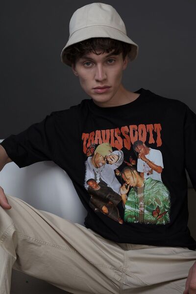 FECCY تي شيرت أسود كبير الحجم للجنسين على شكل فراشة ترافيس سكوت