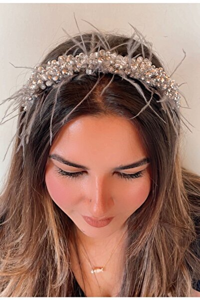 DesaAccessories Gümüş Kristal Taşlı Tüylü Kına, Nişan Düğün Tacı