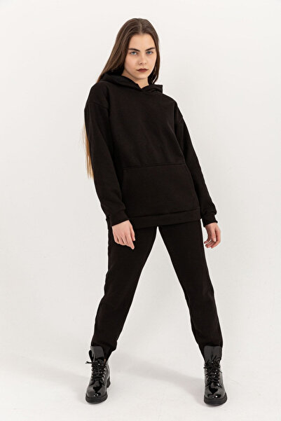 BayBayan Set de trening oversize pentru femei, cu glugă, din bumbac negru - 3...