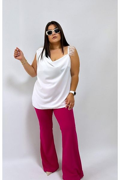 KLEERMAKER Plus Size White Tulle Detailed Medina Silk Blouse