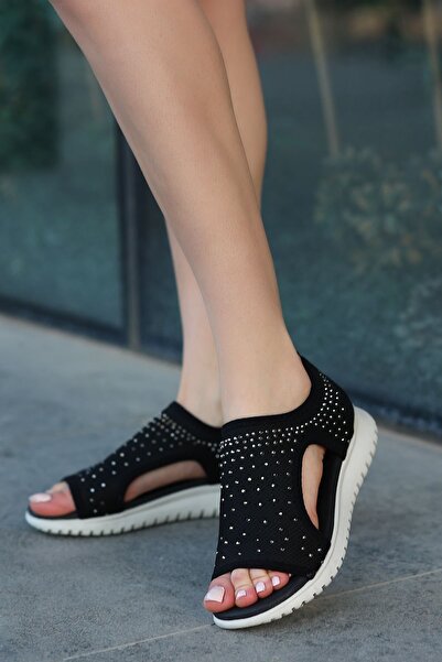 LEYDİ SHOES Sandale de tricotaje negre cu detaliu de piatră - FAIRY