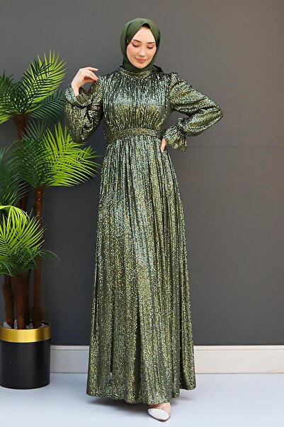 GİZ AGİYİM Khaki Colored Sequin Sequin Butterfly Evening Dress