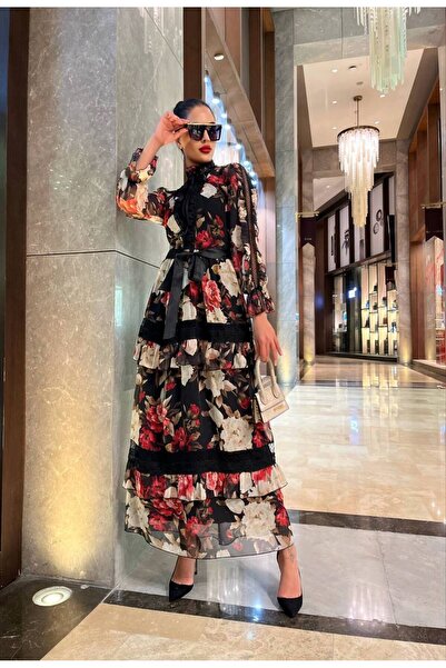 1Moda1Tarz Rochie de damă din șifon negru - Cu dantelă florală și detaliu pan...