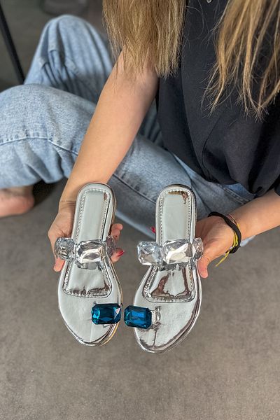 SHOEBELLAS Γυναικείες παντόφλες Zeyna Silver Color Single Blue Stone