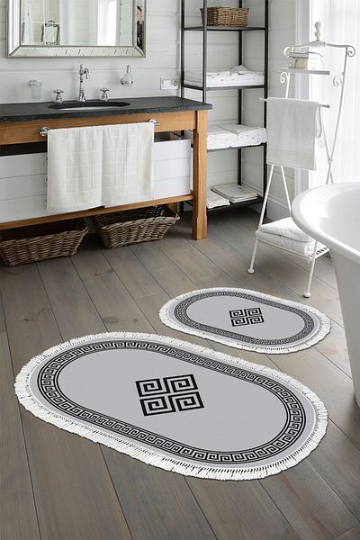 Alanur Home Eko Trend Djt 2 Πλενόμενη αντιολισθητική βάση Οβάλ Χαλάκι μπάνιου 656m Μοντέρνο Γκρι (50 X 80 - 40 X 50)