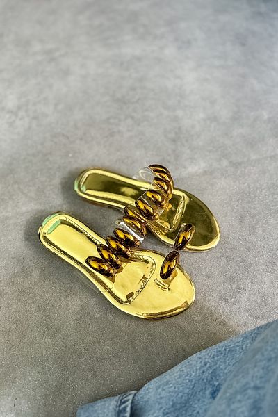 SHOEBELLAS Seny Gold - Papuci de damă cu pietre simple și catarame