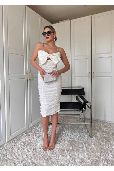 1Moda1Tarz Λευκό πουά φόρεμα από τούλι - Πέτρινη λεπτομερής κρεμαστή κορδέλα