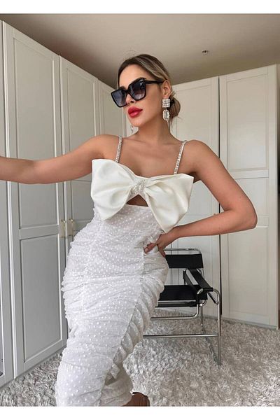 1Moda1Tarz Λευκό πουά φόρεμα από τούλι - Πέτρινη λεπτομερής κρεμαστή κορδέλα