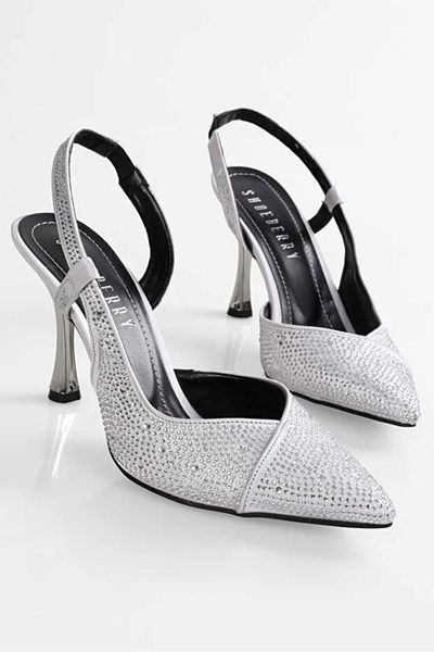 SOLMAZ LIBERTY SILVER SATIN STONE EMBROIDERED HEEL SHOES