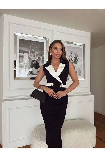 1Moda1Tarz Μαύρο πουκάμισο γιακά και κουμπιά Λεπτομερές φόρεμα με επένδυση καρφίτσας