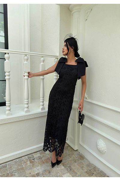 1Moda1Tarz Μαύρη δαντέλα και ύφασμα γκιπούρ - Γυναικείο φόρεμα με τετράγωνο γιακά με κορδέλα ώμου
