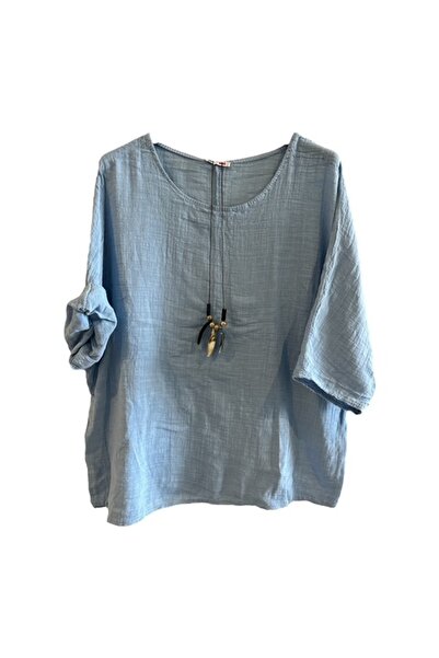 PHUTİ COLLECTION Ιταλική λινή βαμβακερή μπλούζα με κολιέ